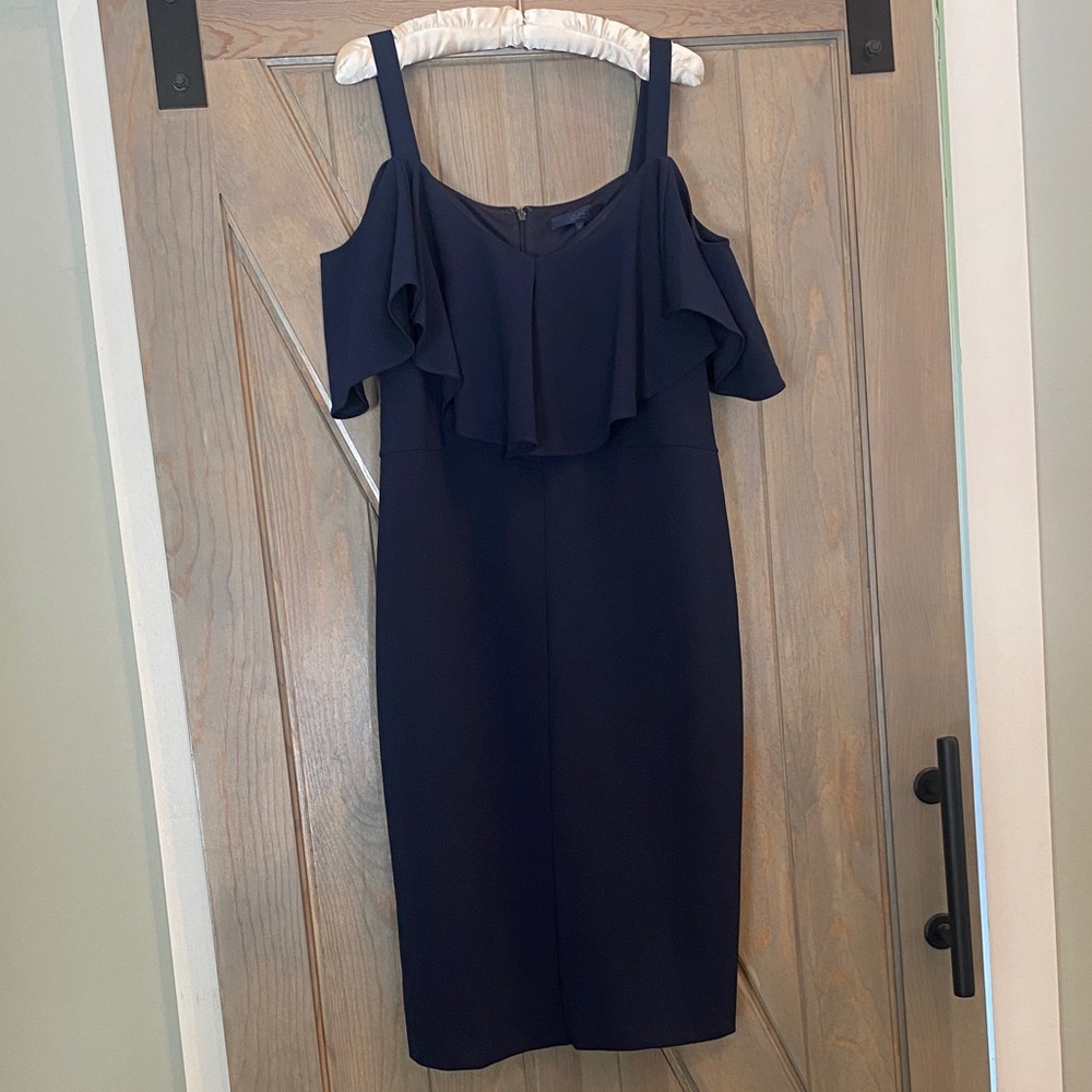 RACHEL Rachel Roy Navy Cold-Shoulder Ruffle Midi Dress